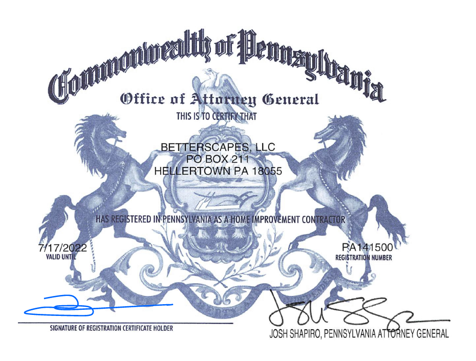 BetterScapes PA State License 2022